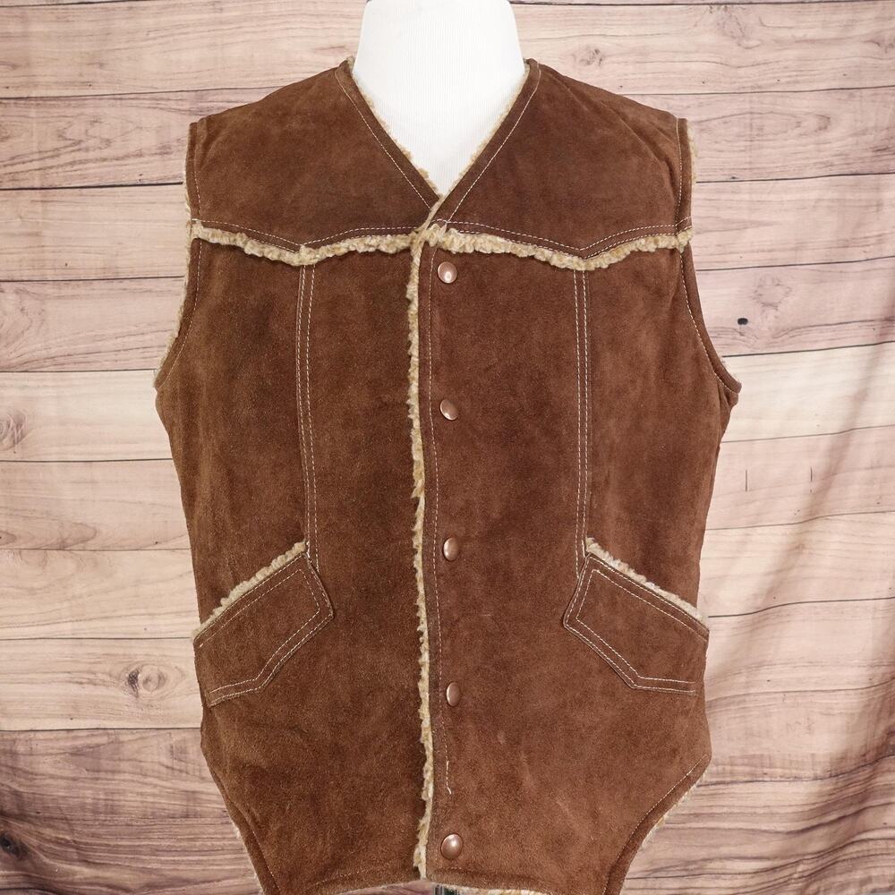 Vintage JCPenney Vest‎ Mens XLT Brown Leather Sherpa Lined Western Snap Cowhide